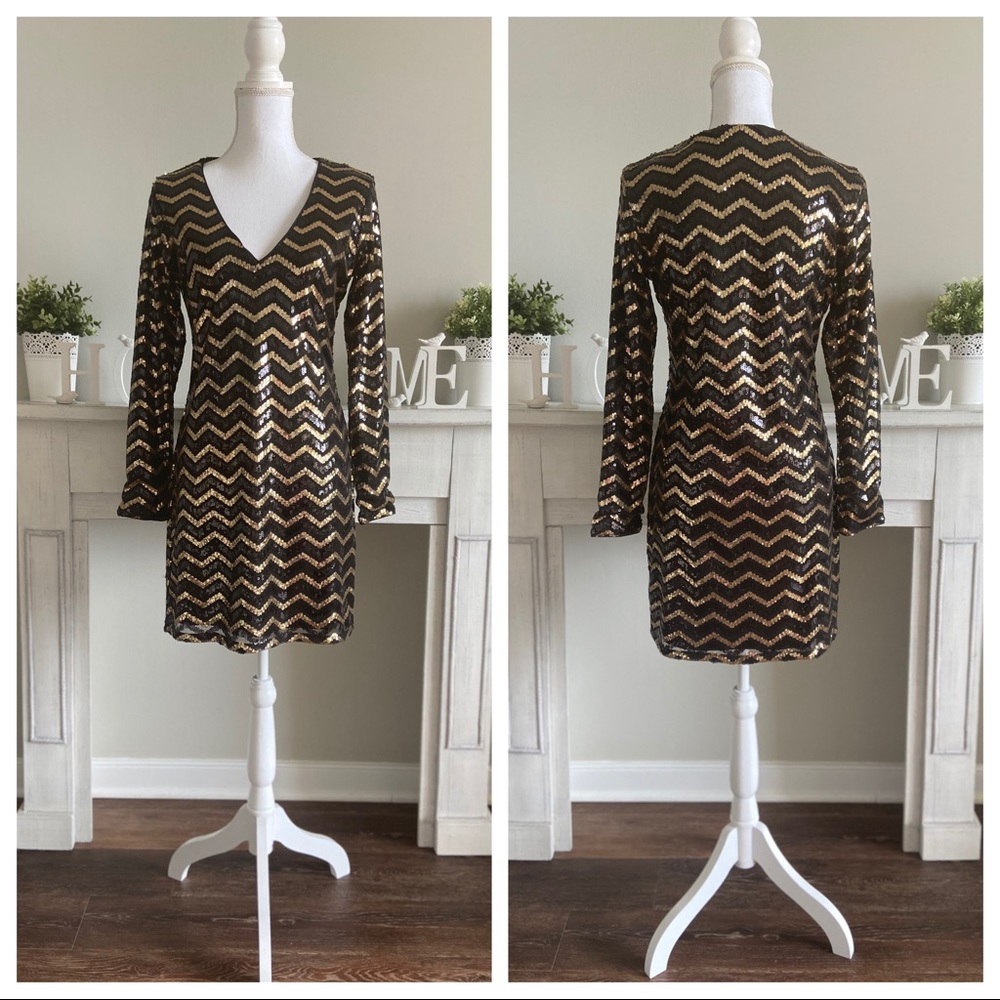 H&M- Black/Gold Sequin Long Sleeve Mini Dress